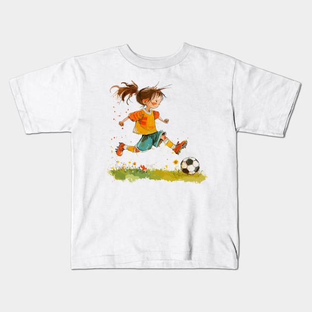 Little Girl Playing Soccer Kids T-Shirt by erzebeth